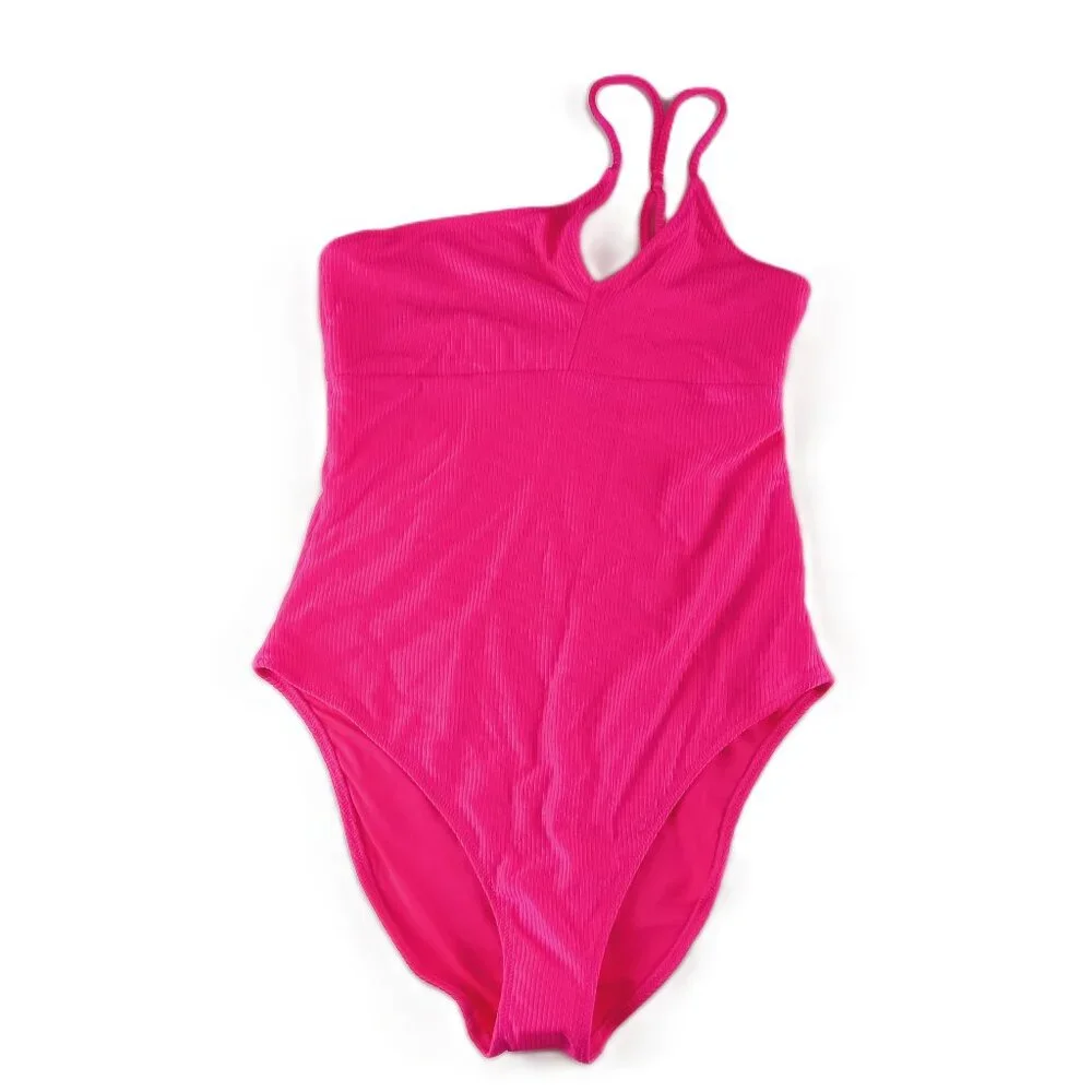 Aerie Shine Rib One Shoulder Full Coverage One Piece Swimsuit Women's M Pink
